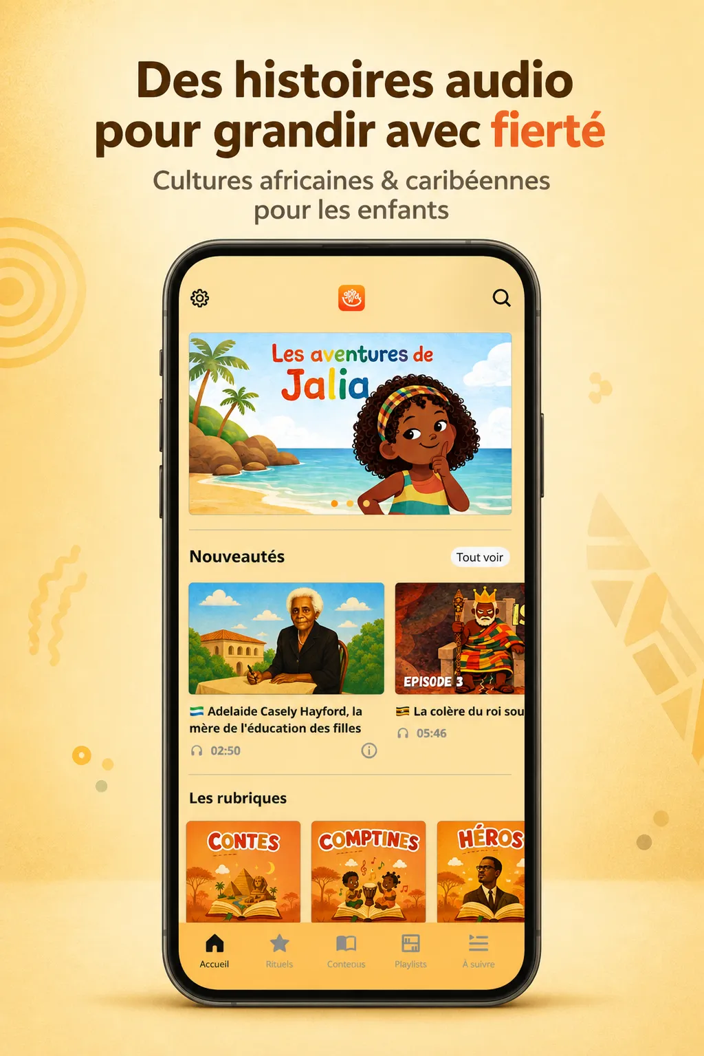Accueil de l’application GrioKids avec les aventures de Jalia